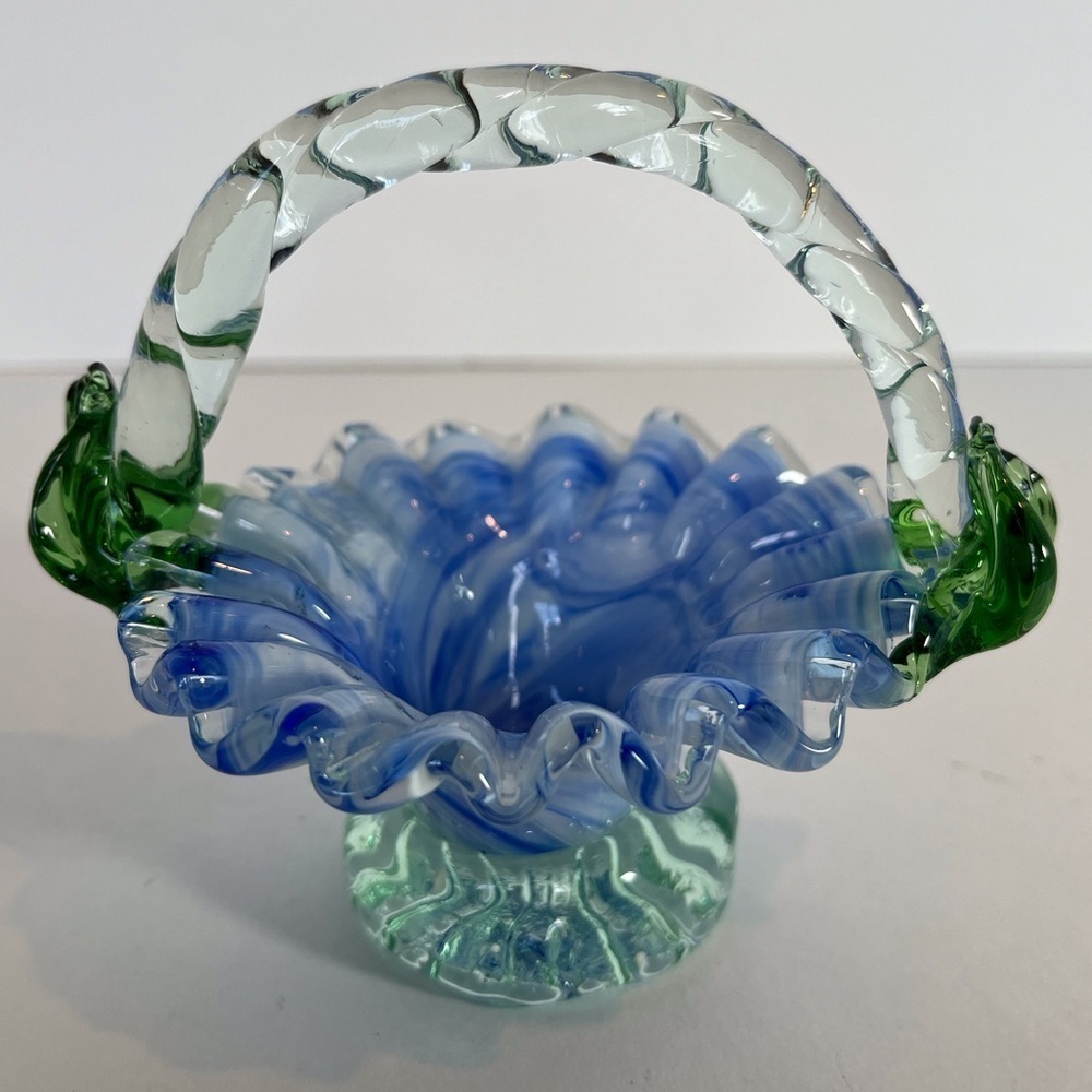 Bohemian Glass Handblown Blue and White Swirl Basket with Ruffled Edge